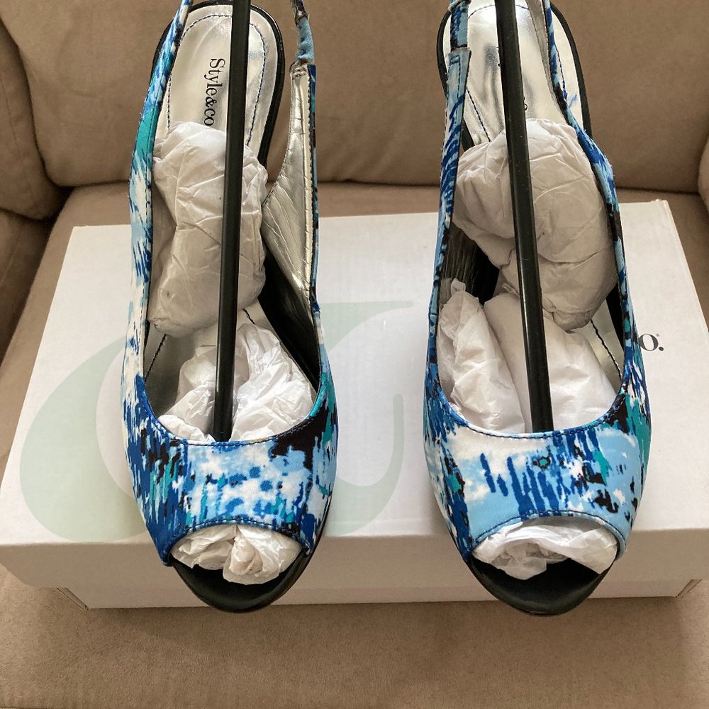 WOMENs SLING-BACK, STILETTO HEEL/OPEN TOE MULTI-BLUE/FLORAL SHOES